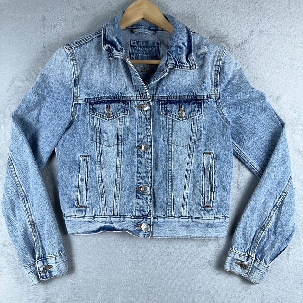 Aeropostale Women Denim Jean Jacket Light Wash Front Button Blue Size Small